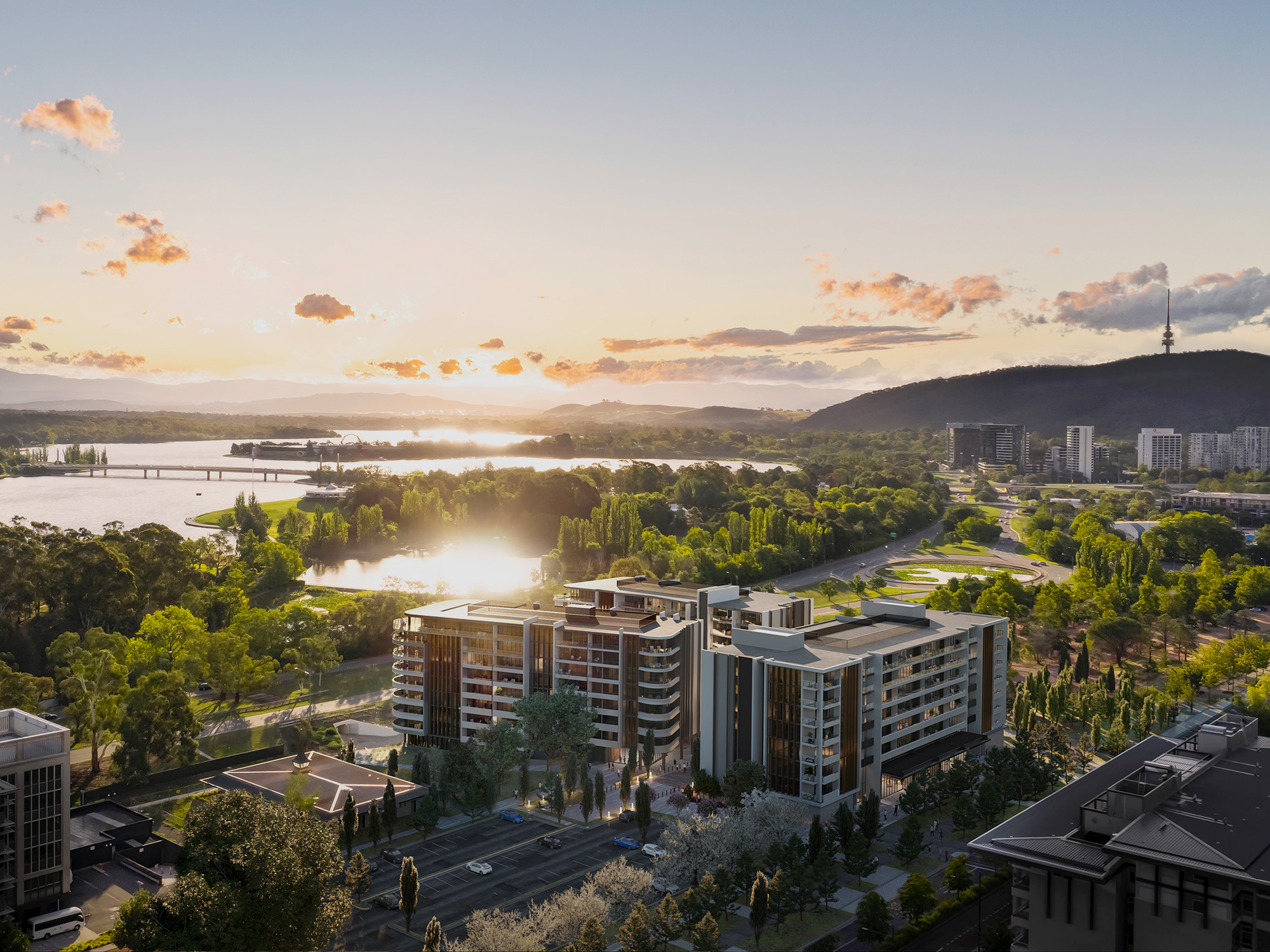The Griffin, Parkes — aerial view over Lake Burley Griffin